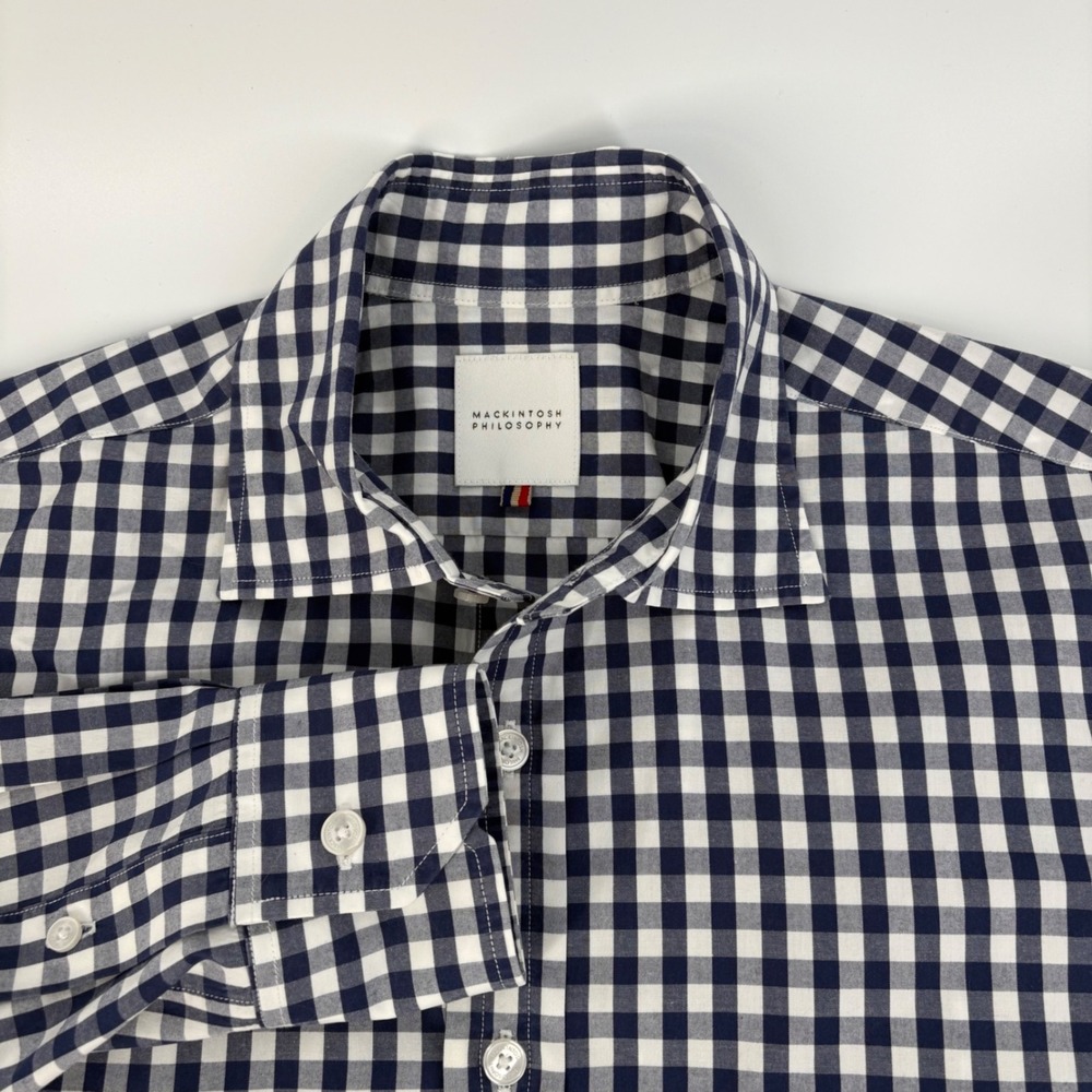 Mackintosh Philosophy Mens Size 38 Navy Gingham Button Down Shirt H1M30-122-29
